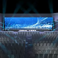 Banquet Hall With Large LED Screen Dynamic Blue Light Effects And Stage Audience Seats