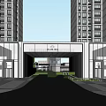 Modern Commercial Street Entrance With Glass Facade Buildings And Central Fountain Area