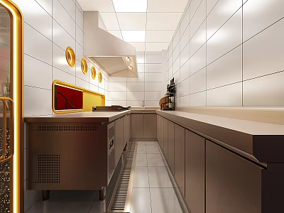 Commercial Catering Kitchen Interior With White Tiled Walls Stainless Steel Worktops And Yellow Decorations 3d model