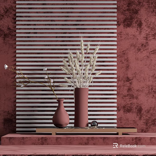 Brown Vases With White Flower Branches And Wheat Stems On Wooden Shelf Against Striped Wall 3d model 