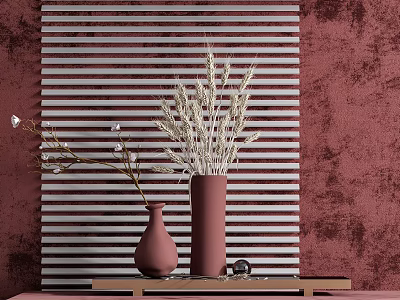 Brown Vases With White Flower Branches And Wheat Stems On Wooden Shelf Against Striped Wall 3d model