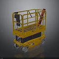 Yellow Industrial Scissor Lift With Guard Rails Red Fire Extinguisher And Four Wheels