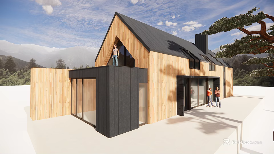 Modern Detached Villa With Wooden Black Exterior Sloped Roof And Mountain View 3d model 