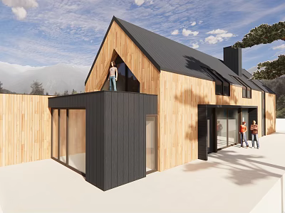 Modern Detached Villa With Wooden Black Exterior Sloped Roof And Mountain View 3d model