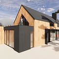 Modern Detached Villa With Wooden Black Exterior Sloped Roof And Mountain View