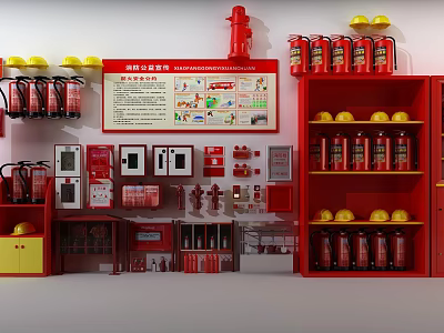 Fire Equipment Room With Fire Hydrant Extinguishers Helmets Safety Charts And Display Shelves 3d model