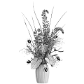 Decorative Bonsai Potted Plant With Green Leaves White Flowers And Grasses