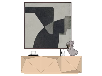 Beige Geometric Cabinet Featuring Gray Sculpture Abstract Painting And Decorative Items 3d model