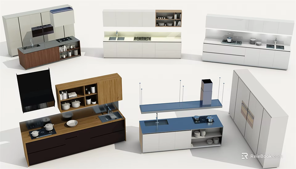 Various Modern Kitchen Cabinet Designs With Different Materials And Storage Solutions 3d model