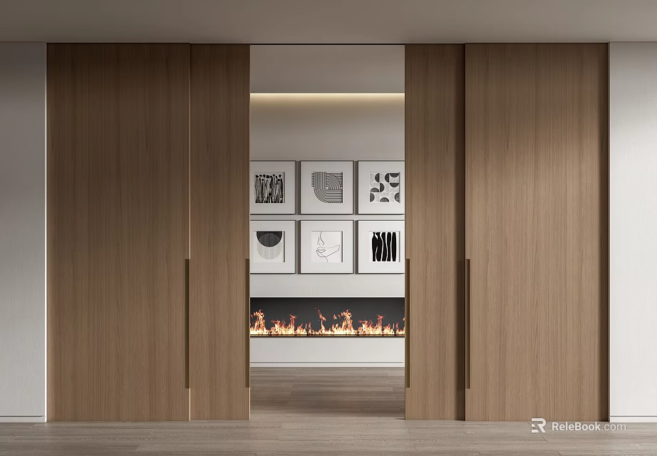 Open Wooden Sliding Doors Revealing Fireplace And Decorative Artworks In Interior 3d model 