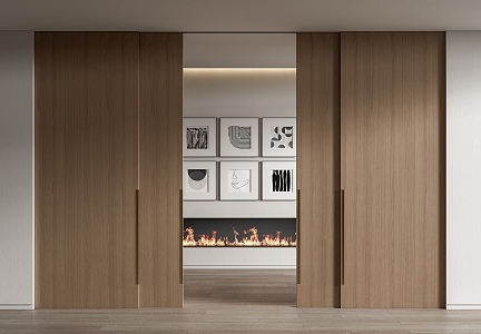 Modern sliding door wooden sliding door sliding door fireplace decorative painting 3d model