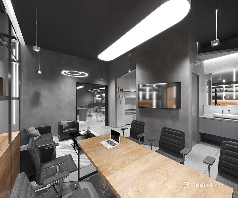 Modern Public Office Space Interior With Wooden Conference Table Black Chairs And Gray Walls 3d model 