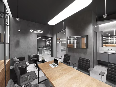 Modern Public Office Space Interior With Wooden Conference Table Black Chairs And Gray Walls 3d model