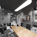 Modern Public Office Space Interior With Wooden Conference Table Black Chairs And Gray Walls
