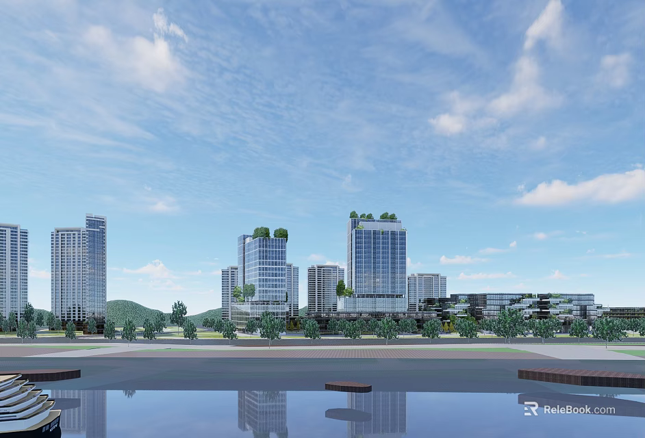 Modern Urban High Rise Buildings With Green Roofs Waterfront Reflection And Blue Sky 3d model 