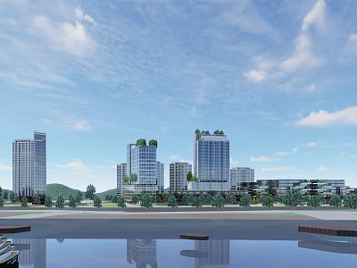 Modern Urban High Rise Buildings With Green Roofs Waterfront Reflection And Blue Sky 3d model