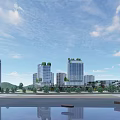 Modern Urban High Rise Buildings With Green Roofs Waterfront Reflection And Blue Sky