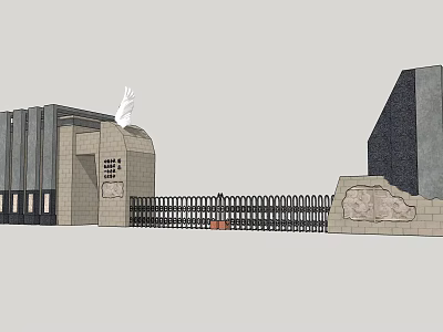 Elegant Stone Entrance Gate With Decorative Fence And Carved Pillar Details 3d model