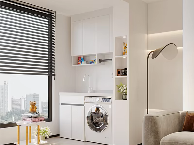 Modern Living Room Interior With Window Blinds City View White Cabinets Washing Machine And Sofa 3d model