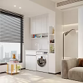 Modern Living Room Interior With Window Blinds City View White Cabinets Washing Machine And Sofa