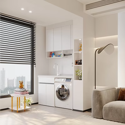 Modern Living Room Interior With Window Blinds City View White Cabinets Washing Machine And Sofa 3d model
