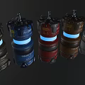 Various Military Grenades With Blue Glowing Elements And Labels Including SHOCK ICEX MODERN CLASSIC