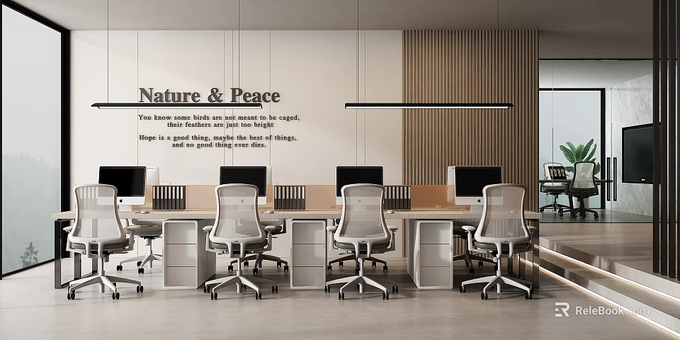 Modern Public Office Space with Nature Peace Sign Wooden Wall Ergonomic Chairs and Workstations 3d model 