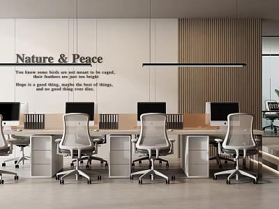 Modern Public Office Space with Nature Peace Sign Wooden Wall Ergonomic Chairs and Workstations 3d model