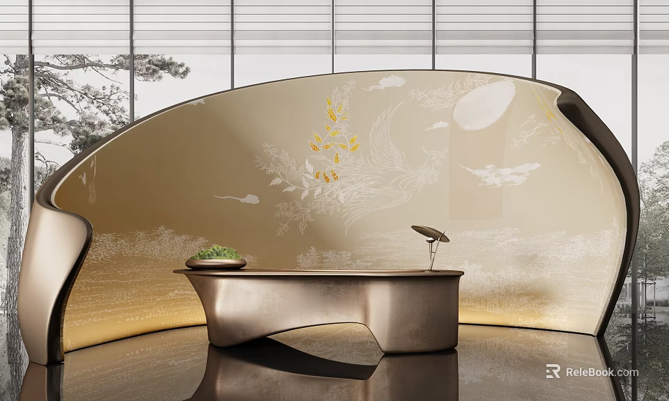 Elegant Modern Reception Desk With Curved Metallic Design And Artistic Wall Patterns 3d model 