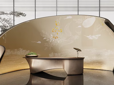Elegant Modern Reception Desk With Curved Metallic Design And Artistic Wall Patterns 3d model