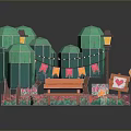 Vibrant Garden Scene With Green Trees Bench Lanterns Bunting Flags And Flower Beds