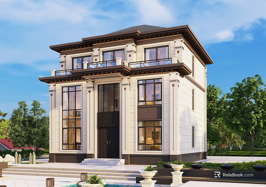 Two Story European Style Detached Villa With Balcony Large Windows And Garden 3d model 