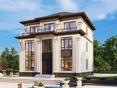 Two Story European Style Detached Villa With Balcony Large Windows And Garden 3d model