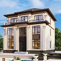Two Story European Style Detached Villa With Balcony Large Windows And Garden