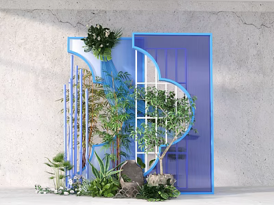 Modern Floral Installation with Blue Geometric Frame Green Plants Trees and Decorative Stones 3d model