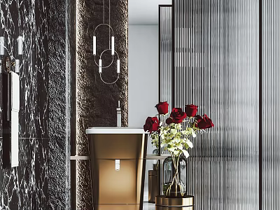 Elegant Modern Washbasin Design With Marble Wall Red Roses In Vase And Pendant Lights 3d model
