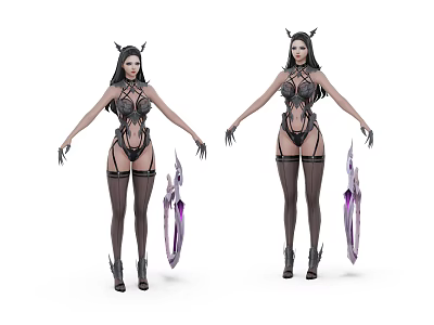Game Movie Character With Horns In Black Outfit Stockings And Purple Gem Weapon 3d model