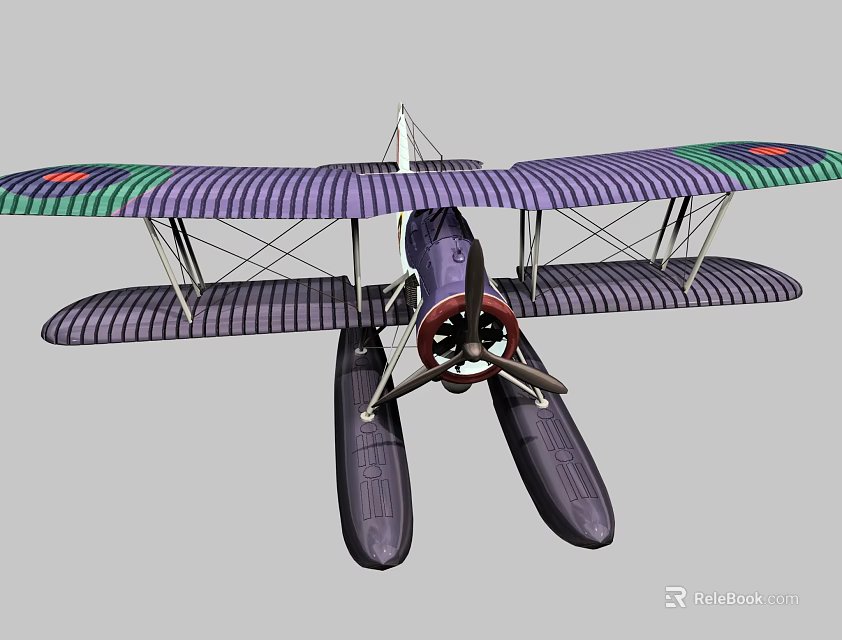 Vintage Biplane Passenger Plane With Purple And Green Striped Wings And Floats 3d model 
