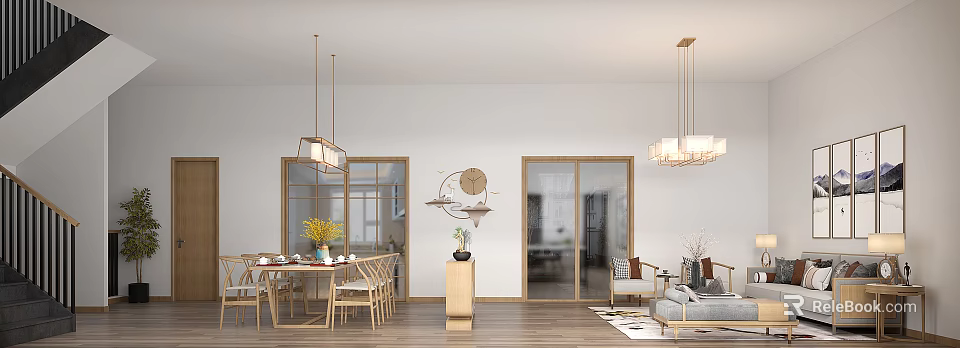 Modern Dining and Living Room Interior With Wooden Table Chairs Sofa Pendant Lights and Glass Doors 3d model 