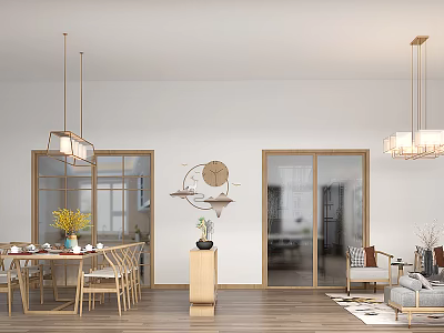 Modern Dining and Living Room Interior With Wooden Table Chairs Sofa Pendant Lights and Glass Doors 3d model