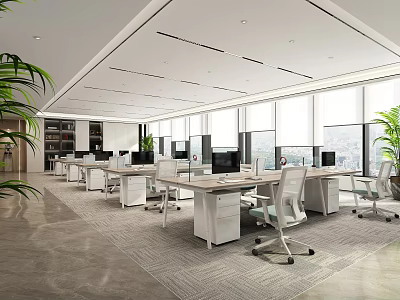 Modern Public Office Space With Open Layout Desks Computers Green Plants And Large Windows 3d model