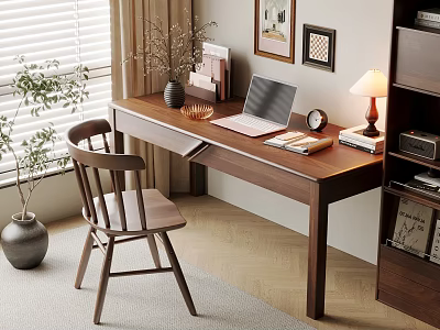 Cozy Home Office Workspace With Wooden Desk Laptop Lamp Chair And Plants 3d model