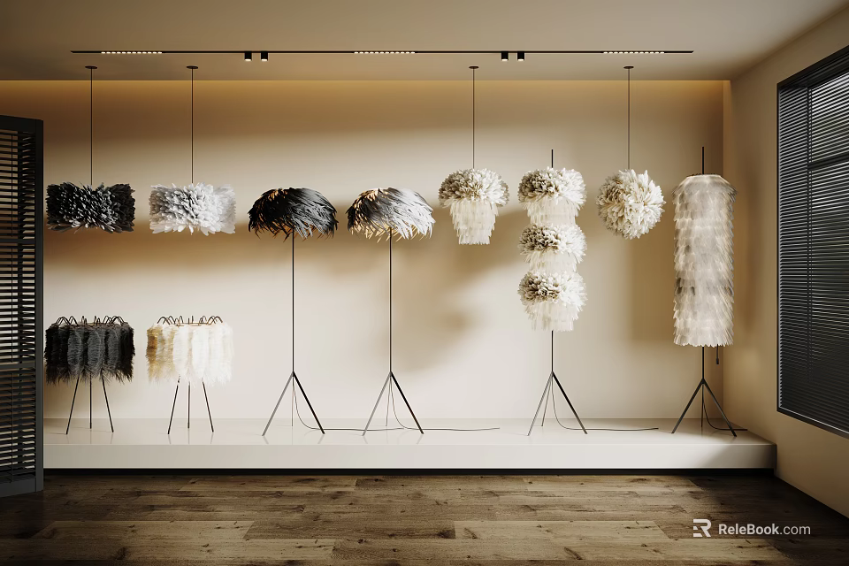 Modern Lighting Combinations With Feather Pendant Lights And Floor Lamps In Neutral Tones 3d model 