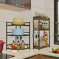 Kitchen Utensil and Cookware Set with Spice Jars Pots Bowls on Countertop Organizer Rack