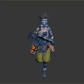 Futuristic Game Character With Brown Spiky Hair Goggles Tattoos Yellow Pants Carrying Large Weapon