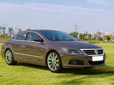Brown Volkswagen Sedan Parked On Green Grass With Sunny City Background 3d model