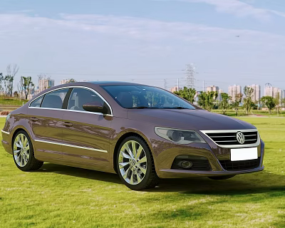 Brown Volkswagen Sedan Parked On Green Grass With Sunny City Background 3d model