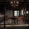Rustic Bar Interior With Chandelier Wooden Tables Chairs Bar Counter And Natural Light