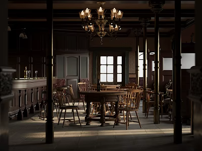 Rustic Bar Interior With Chandelier Wooden Tables Chairs Bar Counter And Natural Light 3d model