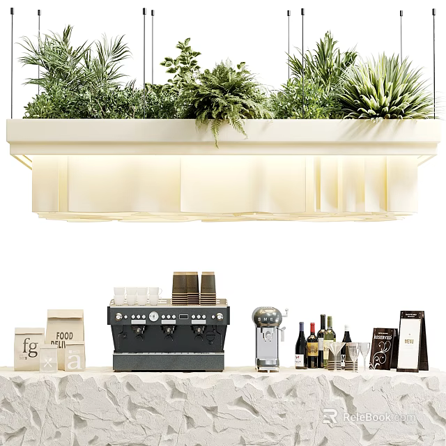 Elegant Bar Counter Setup With Hanging Plant Light Coffee Machine Wine Bottles And Glasses 3d model 